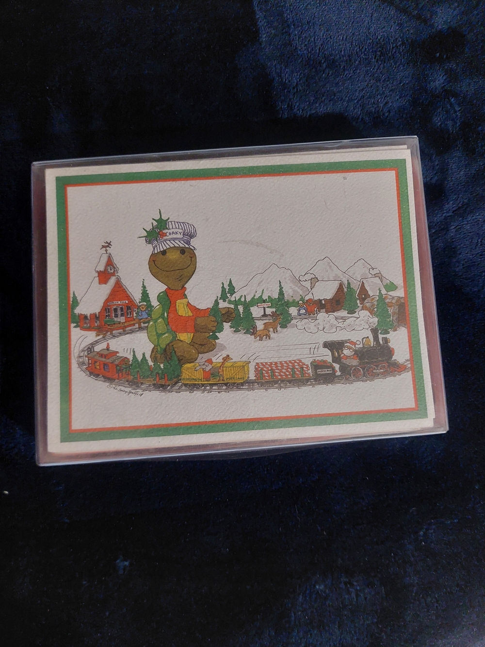 Holiday Turtle Train Greeting Card - Green Red Accent